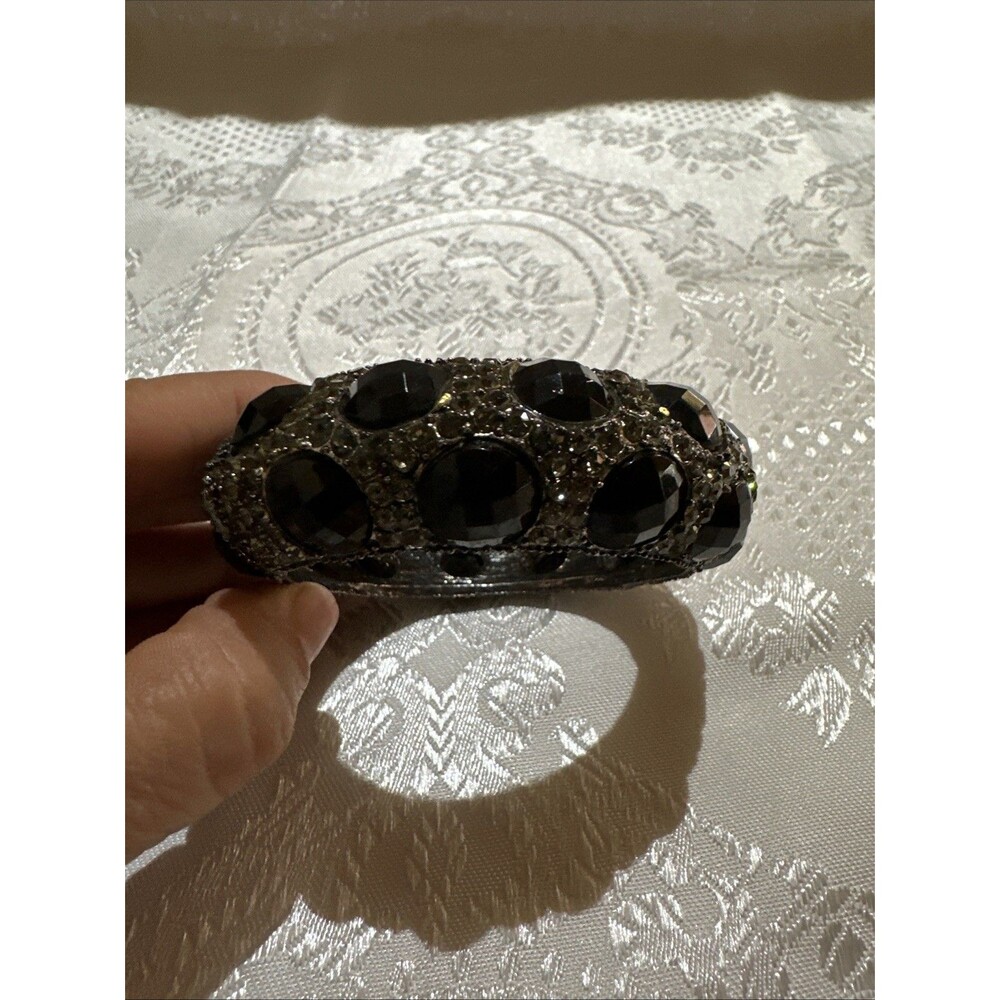 Silver Tone Black Clear Faceted Rhinestones Cuff Bracelet Handcrafted Artisan - Picture 10 of 15